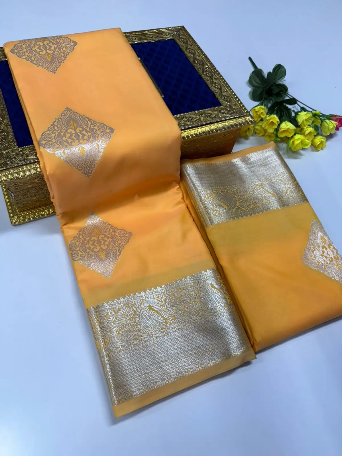 Ornate Floral Diamond Butta Peacock Brocade Border Semi Kanchipuram Silk Saree